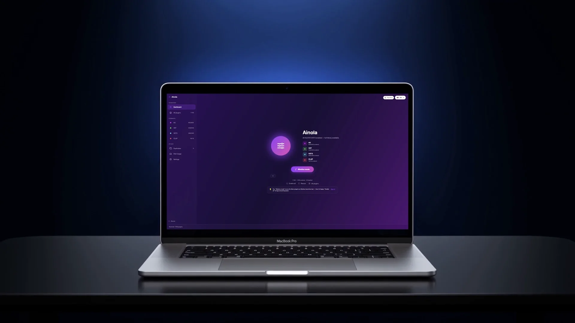 Ainola on a MacBook, the dashboard with the Sibelius mode button
