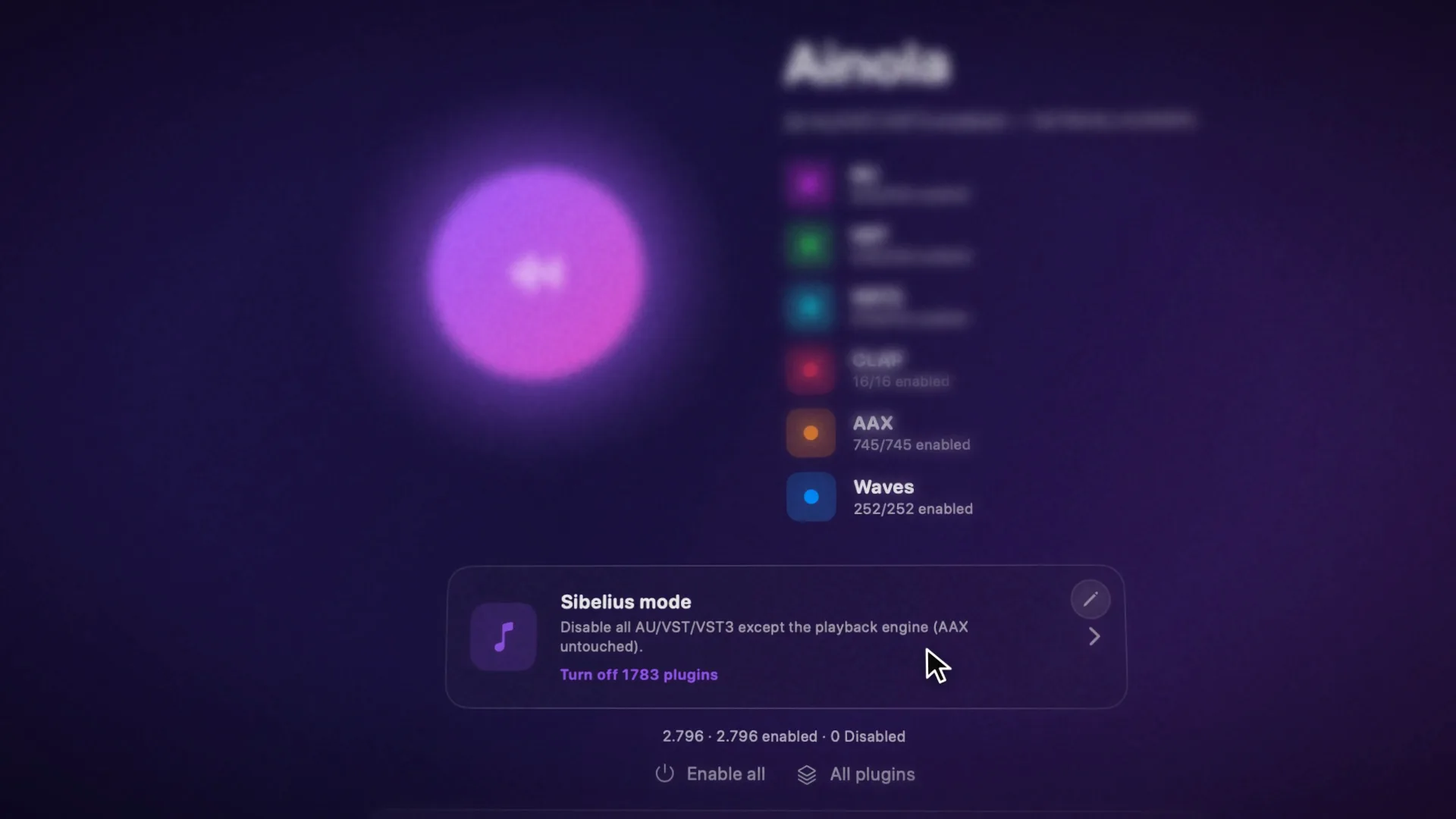 The Ainola dashboard with the Sibelius mode card in focus