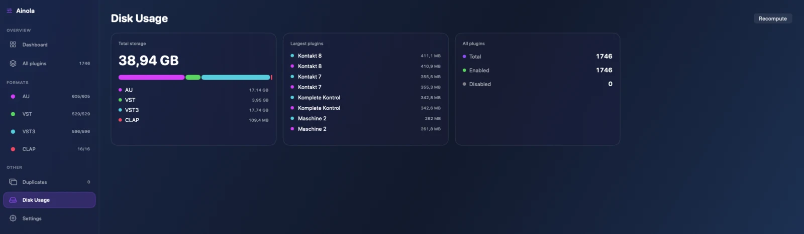 Ainola disk usage breakdown by plugin format