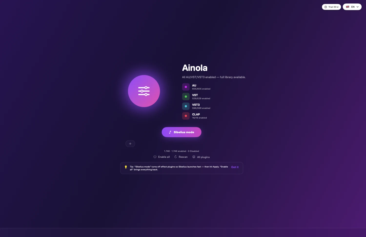Ainola dashboard with the glowing mode control and the full plugin library enabled